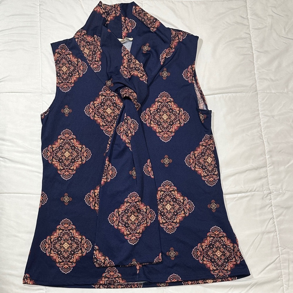 Elegant Navy Patterned Blouse with Scarf Detail